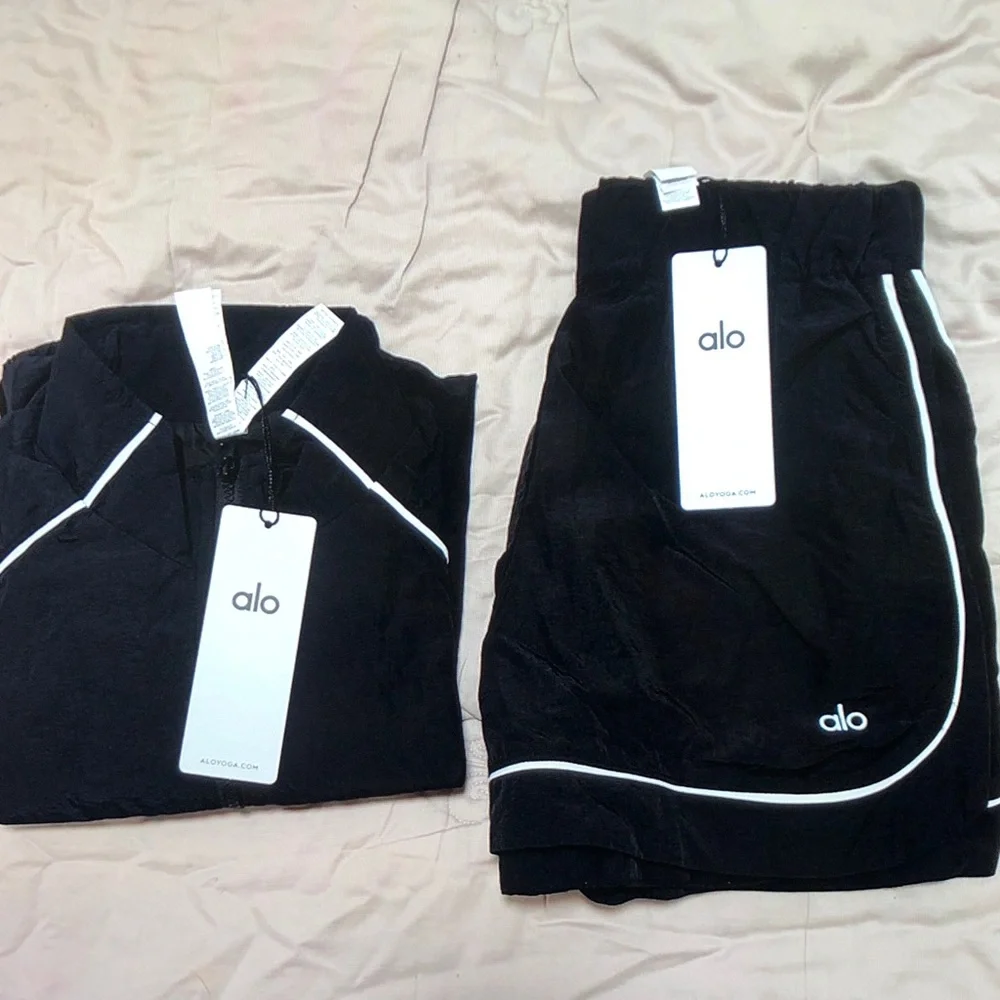 ALO Yoga Black Active Jacket and Shorts Set with White Piping